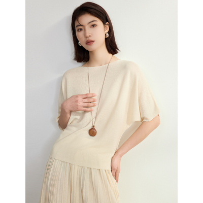 凉感透气一字领醋酸短袖T恤女新款宽松蝙蝠袖针织衫女夏季上衣薄