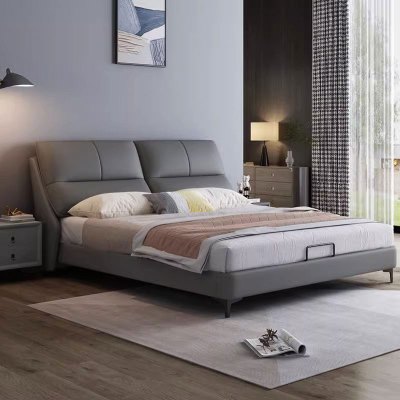 意式真皮床轻奢现代简约主卧室双人家用软包婚床小户型实木储物床