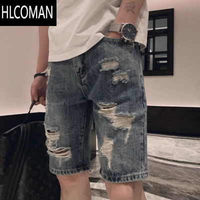 HLCOMAN破洞牛仔短裤男士夏季薄款2025新款潮牌复古宽松休闲百搭五分中裤