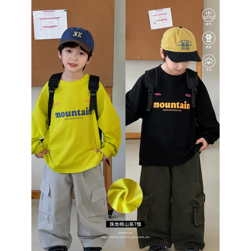 童酷男童秋季新款时尚字母印花宝宝打底衫山系珠地儿童T恤潮