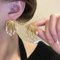 中古vintage烟花珍珠流苏耳环女轻奢高级感耳钉2025新款银针耳饰送女朋友老婆情人节七夕生日礼物