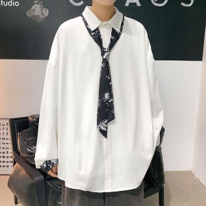 春夏季新款宽松长袖衬衫韩版帅气潮牌ins休闲领带衬衣青少年外穿
