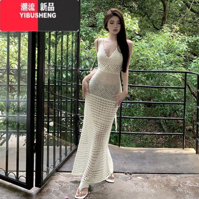 YIBUSHENG法式性感纯欲风镂空针织吊带连衣裙海边度假比基尼外搭罩衫长裙女