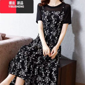 YIBUSHENG碎花连衣裙女季2024新款短袖修身大码胖MM小个子中长微胖雪纺裙