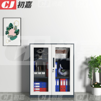 初嘉WJGT-006钢制文件柜窄边资料柜拆装档案柜带锁储物柜灰白对开门玻璃矮柜