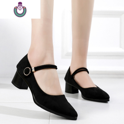 FISHBASKET新款工装女单鞋老北京布鞋黑色职业上班鞋时尚尖头粗跟工作鞋休闲鞋