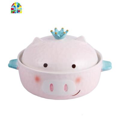 可爱粉色小猪陶瓷泡面碗皇冠带盖日式女学生宿舍方便面碗家用大号 FENGHOU 泡面碗爱心猫+支架(送同款勺子