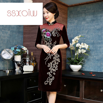 SSXOIW金丝绒旗袍秋冬2017新款妈妈装敬酒服老上海喜婆婆宴会礼服