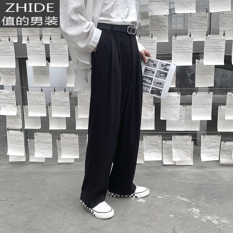 SUNTEK高腰质感西装裤男2021年新款黑色垂感阔腿裤宽松直筒休闲拖地长裤西裤