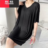 YIBUSHENG莫代尔连衣裙女V领显瘦中长款纯色短袖睡裙外穿高腰薄款休闲裙