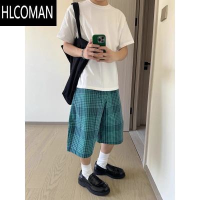 HLCOMAN日系复古蓝格子五分短裤男宽松直筒夏季百搭休闲中裤ins情侣款