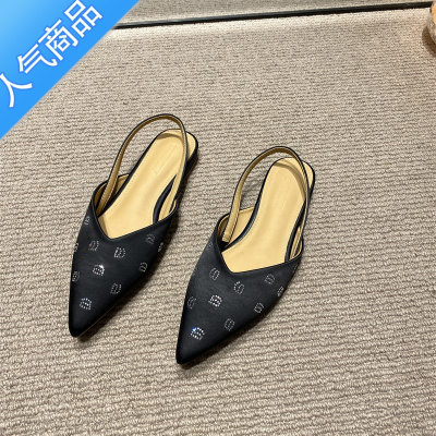 SUNTEK2023新款尖头法式粗跟平底鞋水钻字母半包头凉鞋拖女夏季外穿百搭