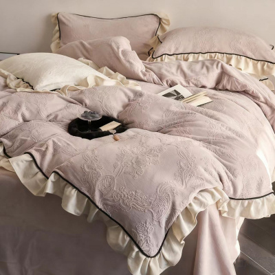 手工打褶花边~立体花绒法式复古牛奶绒四件套韩版珊瑚绒床品冬