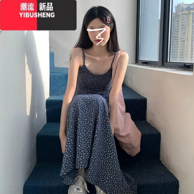 YIBUSHENG法式海边度假蓝色碎花吊带连衣裙子女季2024新款小个子气质长裙