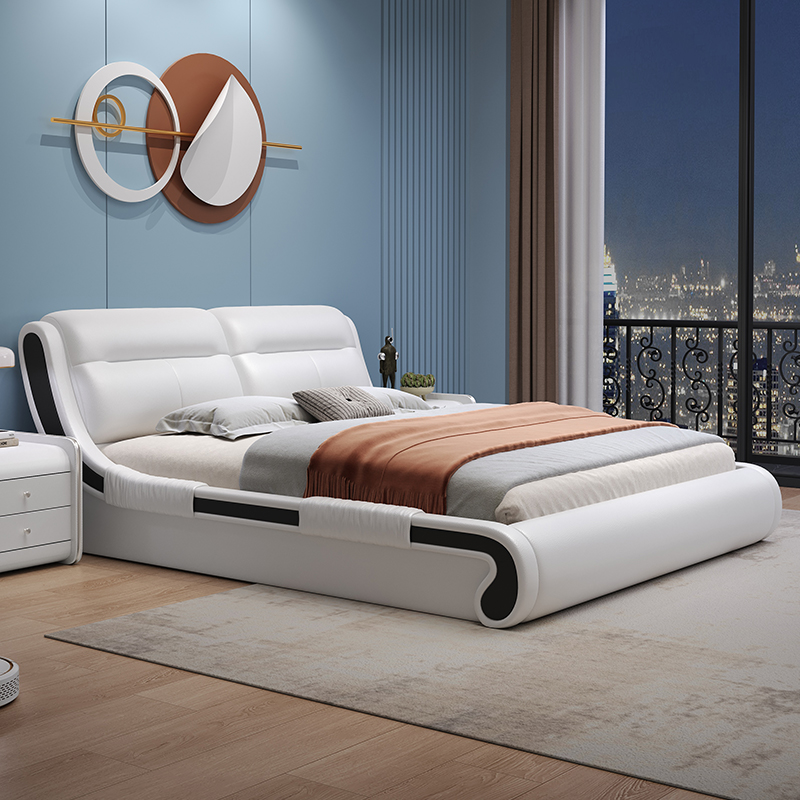 意式真皮床轻奢现代简约双人床北欧主卧榻榻米储物床家用软包婚床