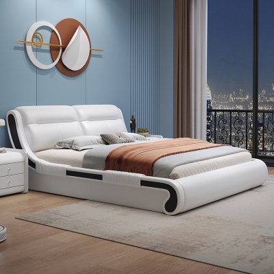 意式真皮床轻奢现代简约双人床北欧主卧榻榻米储物床家用软包婚床