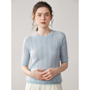 轻熟风高端短袖纯色山羊绒衫女复古扭花设计感镂空百搭针织毛衣