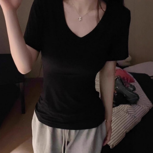 含棉 简约欧美基础款短袖T恤夏季修身短款正肩V领纯色韩版上衣潮