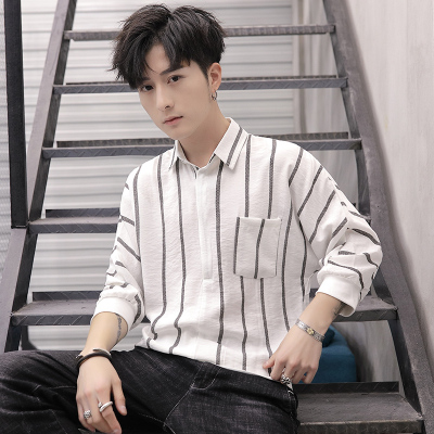 gurunvani男士夏季短袖衬衫新款宽松套头半袖衬衫青年帅气薄款港风蝙蝠袖七分袖衬衣服