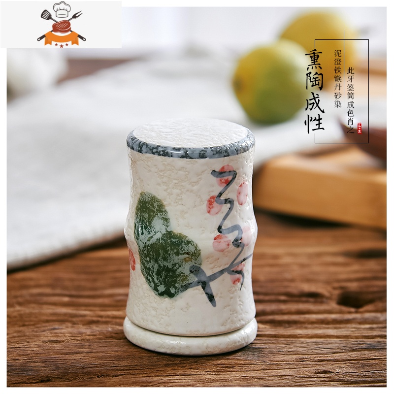 新款瓷缘日式和风餐具手绘陶瓷罐带盖筒盒酒店饭馆用色釉牙签盒 敬平 翠羽牙签筒