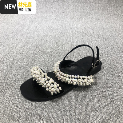 林先森2021新款凉鞋女夏欧货罗马鞋皮串珠仙女风一字扣带平底鞋凉鞋