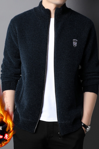 2023秋冬新款雪貂加绒外套男时尚休闲外穿加厚保暖爸爸针织开衫男