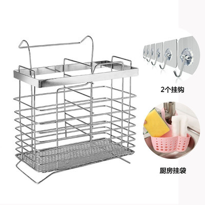 不锈钢筷子筒家用筷子桶厨房挂式餐具勺子收纳盒筷子笼沥水架 敬平 加厚方形+2挂钩+挂袋筷笼
