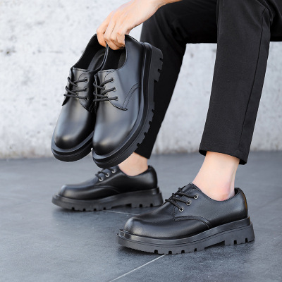 德比鞋男低帮马丁靴英伦风圆头真皮大头鞋黑色装鞋厚底休闲皮鞋