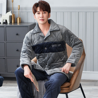 玫薇儿冬天加厚法兰绒夹棉睡衣男贝贝绒男士珊瑚绒加棉套装加大码家居服