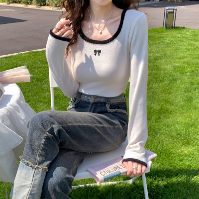 [3件8.5折101.9元,叠加优惠券]唐狮蝴蝶结毛绒绒撞色边大U领套头针织衫女冬季内搭打底衫qd