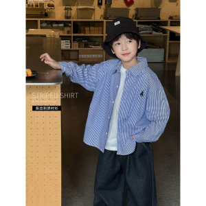 童酷男童秋款织里童装韩版刺绣宝宝衬衣时尚条纹翻领儿童衬衫