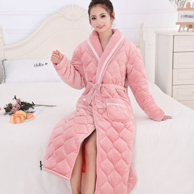 SleepyBear睡袍女冬加长款珊瑚绒睡衣三层夹棉加绒加厚女士家居服浴袍冬纯色