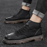 秋季新款男士皮靴潮流百搭中帮运动休闲中帮靴子英伦风黑色男靴