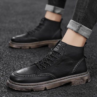 秋季新款男士皮靴潮流百搭中帮运动休闲中帮靴子英伦风黑色男靴