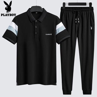 花花公子POLO衫男夏季薄款青年潮流纯色T恤男士短袖休闲套装