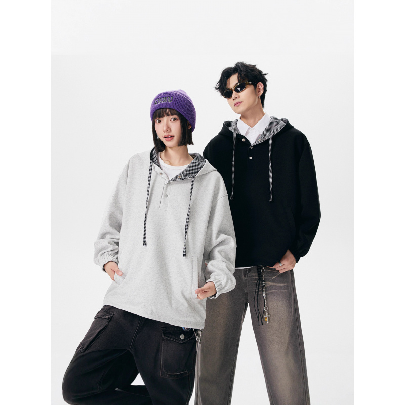 秋冬新款连帽格子卫衣男双面穿韩版潮流领口排扣宽松男女同款上衣