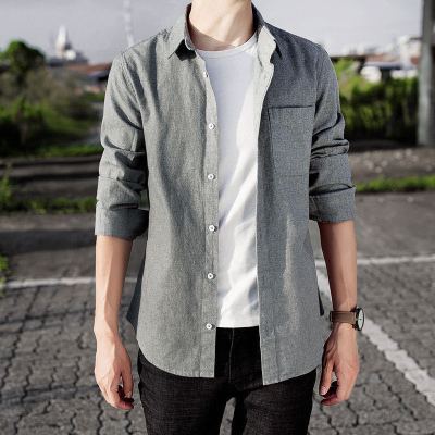 秋季新款休闲衬衫男长袖韩版潮流帅气牛仔百搭衬衣男士秋装外套约龙