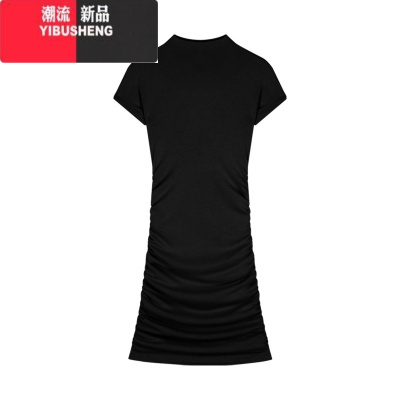 YIBUSHENG褶皱紧身短袖T恤连衣裙女季黑色包臀裙收腰裙子辣妹显身材短裙