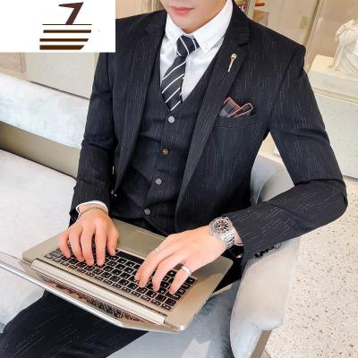 NEWLAKE西服套装男三件套条纹休闲小西装韩版修身正装新郎帅气结婚礼服潮