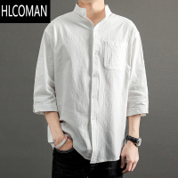 HLCOMAN大码亚麻短袖衬衫男宽松潮胖子加肥加大男士夏季棉麻五分袖薄款