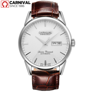 瑞士嘉年华Carnival蝶飞手表新款男士全自动机械表 男表真皮带防水双日历休闲时尚蓝色精钢全金色腕表8646G