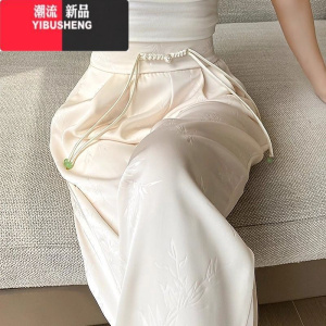 YIBUSHENG新中式国风提花缎面阔腿裤女季2024新款冰丝休闲裤小个子加长