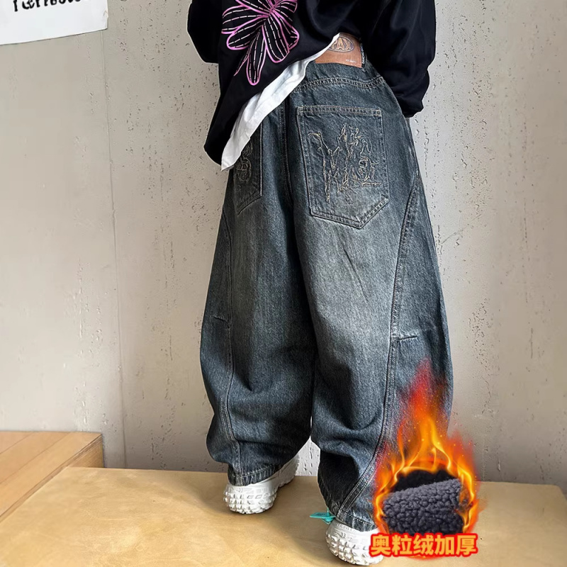 男童裤子秋冬款2026新款中大童痞帅男孩直筒儿童加绒加厚牛仔长裤