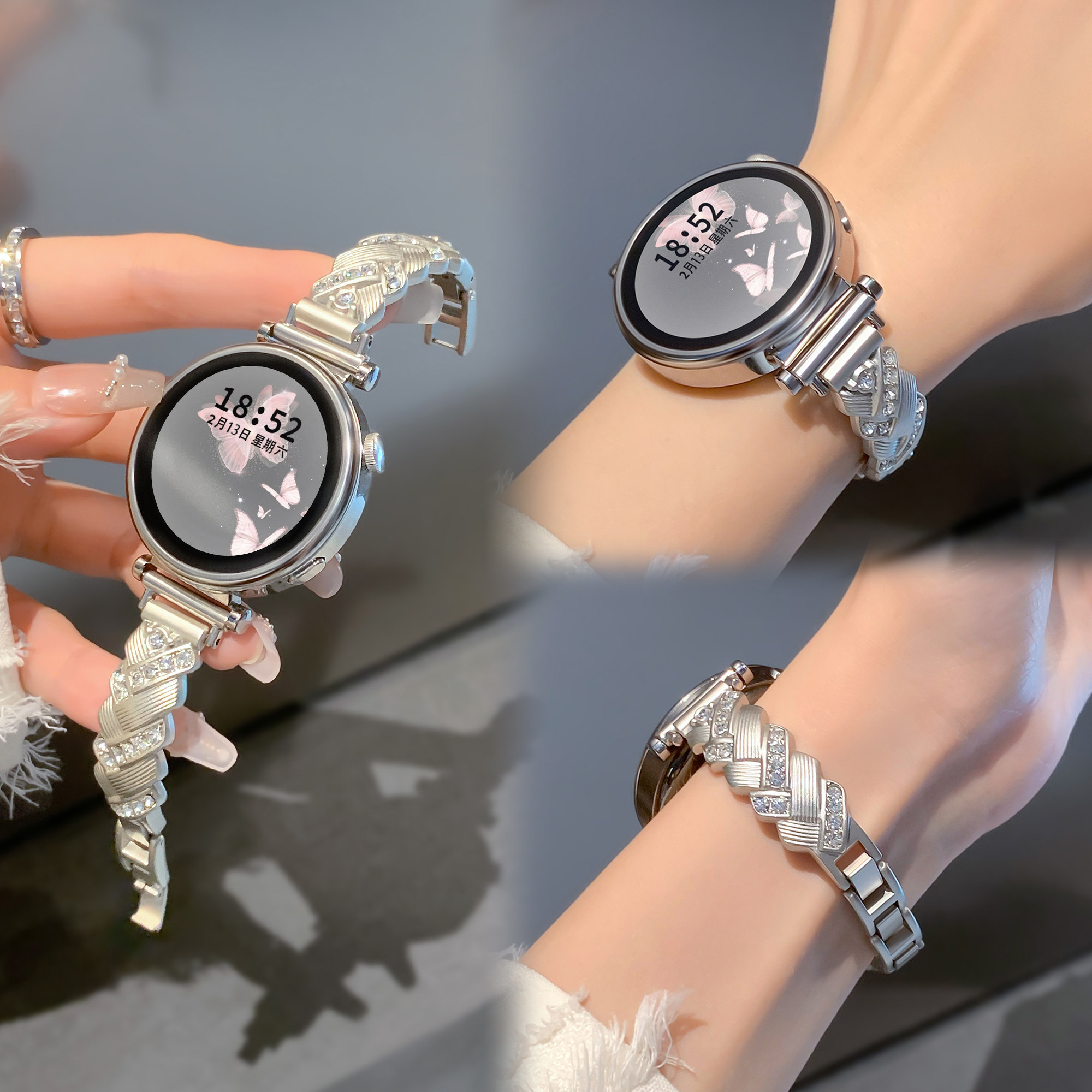 适用华为gt6表带时尚新款麦穗编织手镯华为gt4表带高级感镶钻金属华为gt4表带小香风女生款gt2替换表带