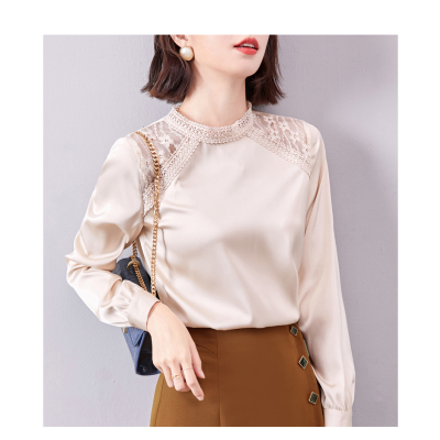 暖青汇2020秋季新款立领长袖雪纺衫女上衣打底衫内搭遮肚子洋气小衫大码蕾丝衫