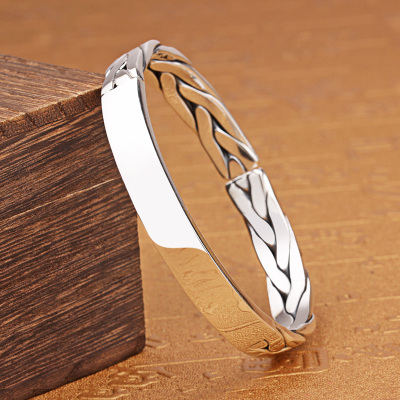 手工编织银镯子男刻字纯银999开口简约麻花银手环送男朋友礼物送女朋友老婆情人节七夕生日礼物
