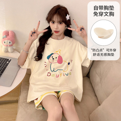 带胸垫夏季仿棉短袖睡衣女韩版卡通休闲宽松甜美家居服套装可外穿