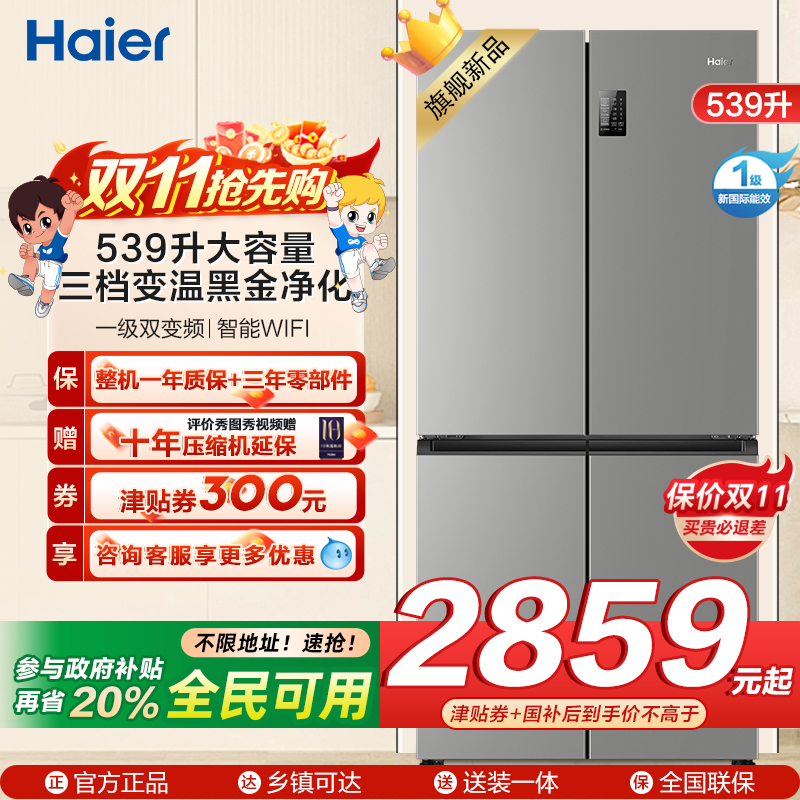 海尔(Haier)539L大容量三档变温黑金净化一级双变频WIFI智能联网旗舰新品 BCD-539WGHTDEDH9U1