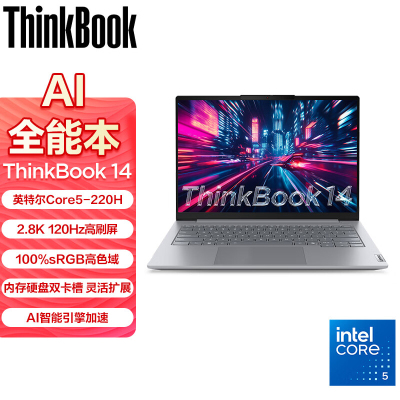 ThinkPad ThinkBook 14 00CD 2025款14英寸大屏学生游戏娱乐商务办公笔记本电脑 2.8K高色域屏 定制Core5-220H 64G内存 2T固态