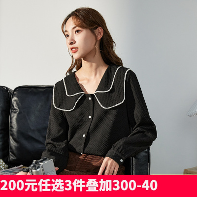 [1折价49.9元,叠加优惠券]唐狮春秋季新款黑色衬衫女法式双层娃娃领长袖衬衣泡泡袖上衣